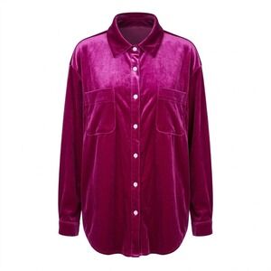R. Vivimos Women's XL 16/18 Velvet Button Down Shirt Pink Long Sleeve Pocket
